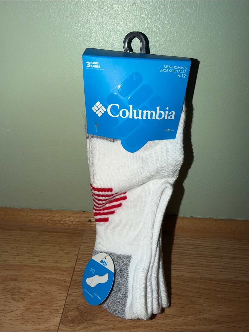Columbia Men’s White Athletic Socks with Red Stripe Accent - 3 Pack